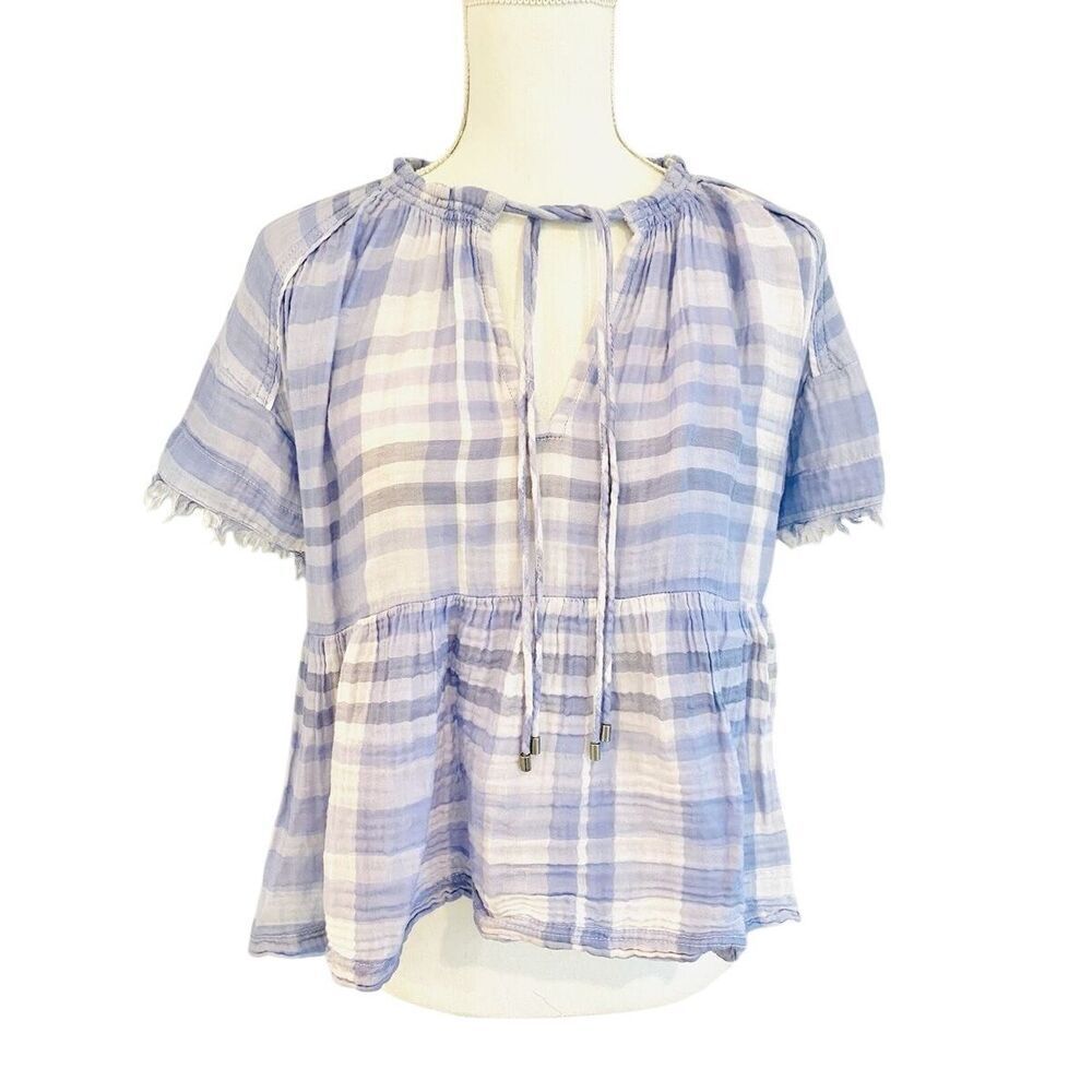 ✨Anthropologie Pilcro Casual Blouse Bette Plaid Babydoll Sz L Blouse Lavender ✨ - Picture 4 of 9